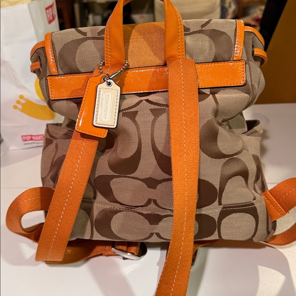 Coach signature fabric backpack w/orange patent leather trim Great condition! - Picture 5 of 9